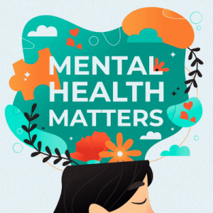 Mental health matters wording floating above top of dark haired persons head