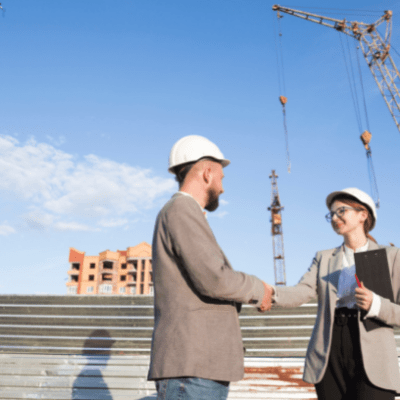 Two professional engineer shaking hand at construction site
